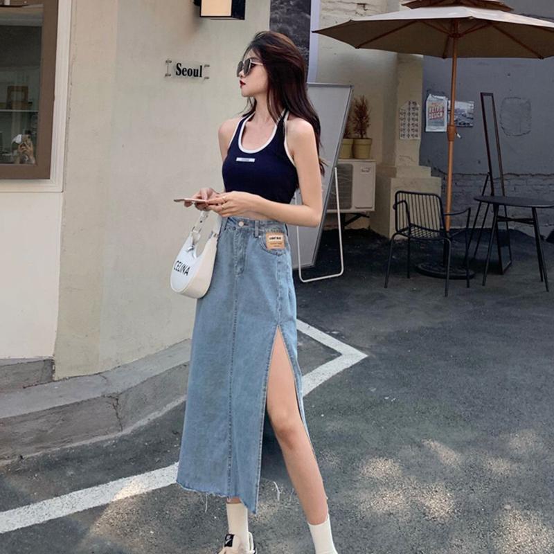Denim Skirt Long Skirt Women Solid Split  High Waist Over The Knee Hip Skirt Casual Club Home Office