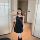 Female Summer Shiny Diamond Bow Slim French Elegant Party Dress Short Suspender Small Black Dress