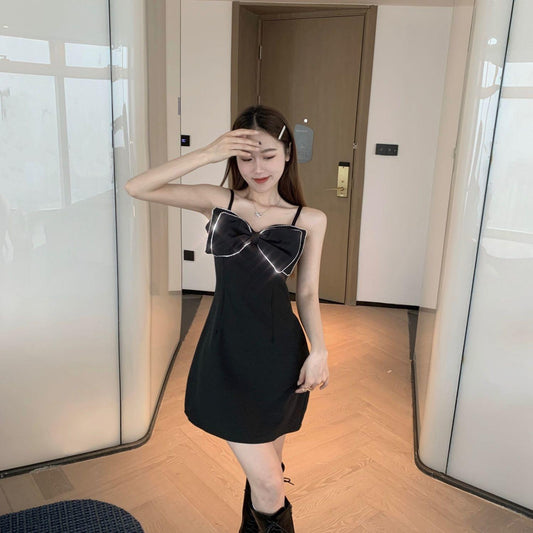 Female Summer Shiny Diamond Bow Slim French Elegant Party Dress Short Suspender Small Black Dress