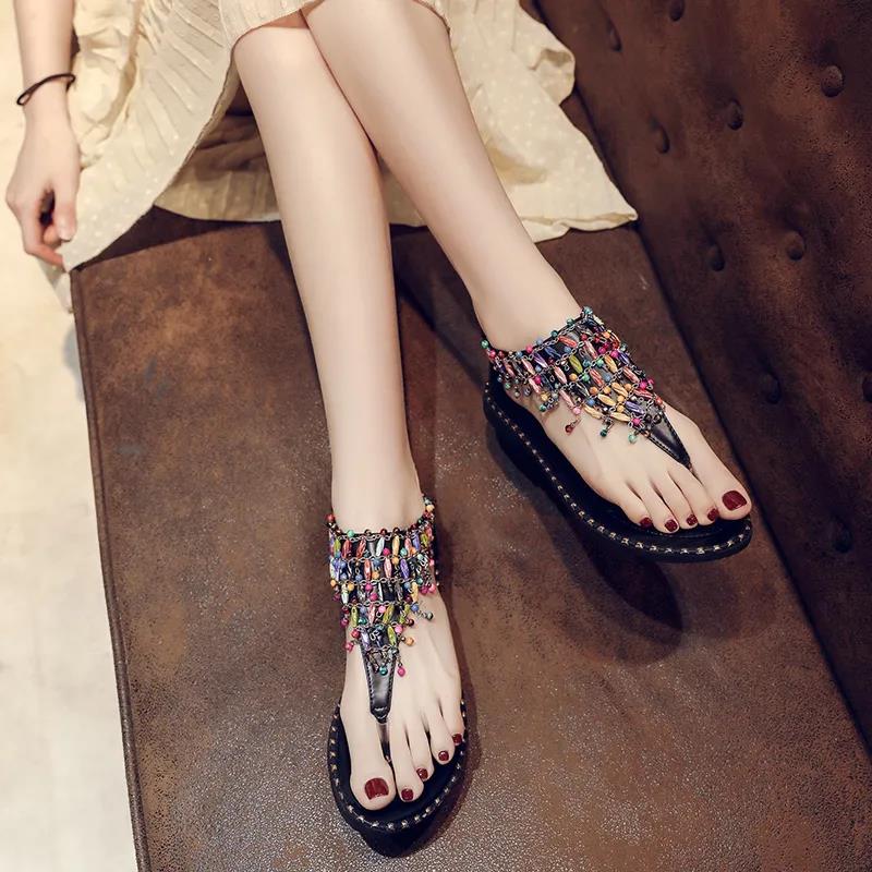 Flip-Flop Sandals Female Rhinestone Fairy Style Flat Student Flip-Flop Roman Bohemia Wild Summer