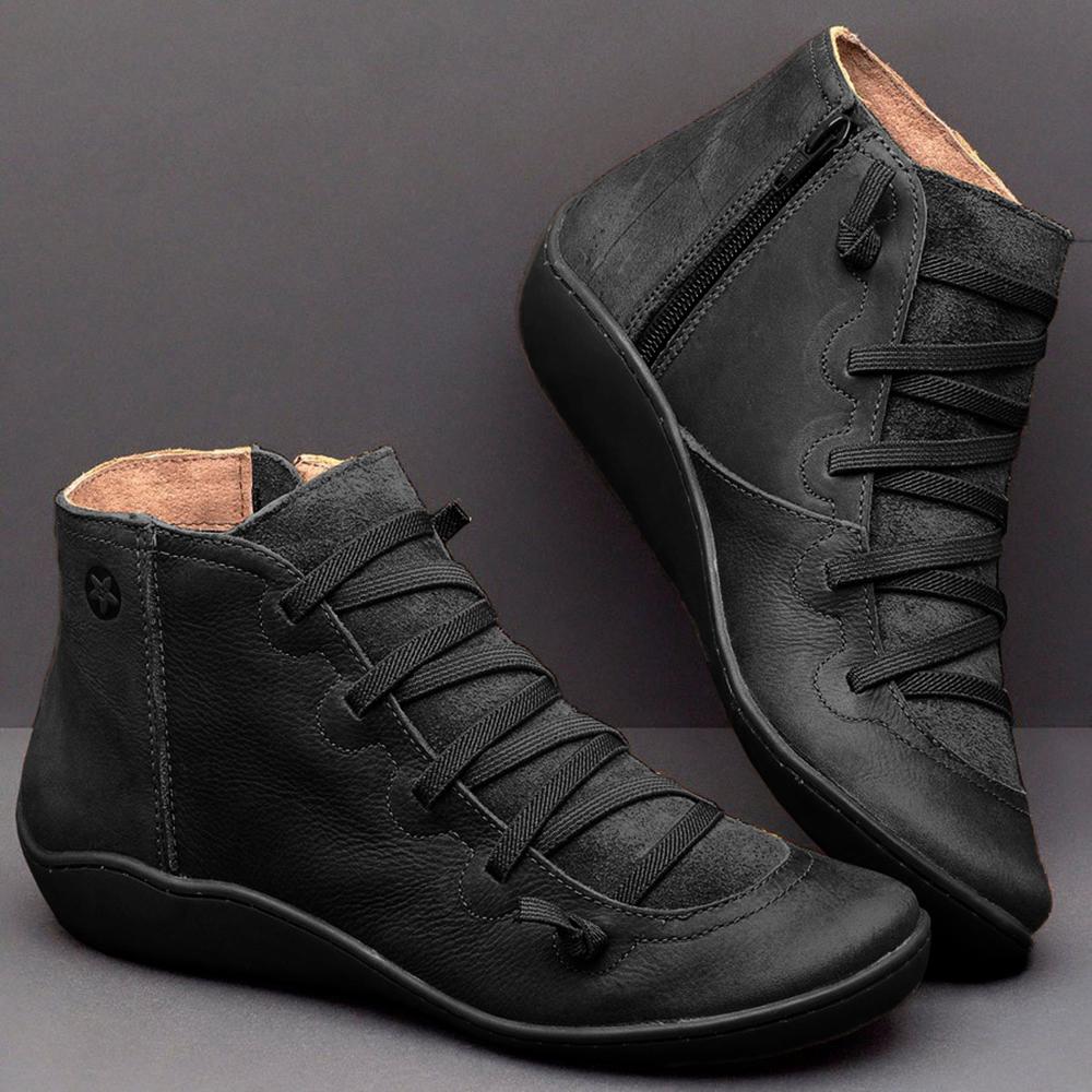Women Casual PU Leather Ankle Boots Winter Warm Fur Lace Up Punk Boots
