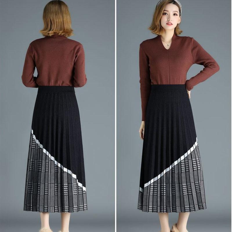 Women's Knitted Skirt Autumn and Winter Thick Retro Knit A-line Skirt High Waist Long Knitted Pleated Skirt Thousand Island Grid Stitching