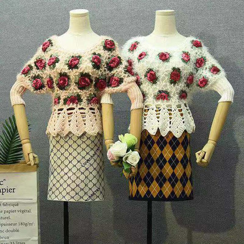 Fall/winter Women Crocheted Knit Jumper Short Pullover Batwing Sweater  Round Neck Mohair Sweater Outwear