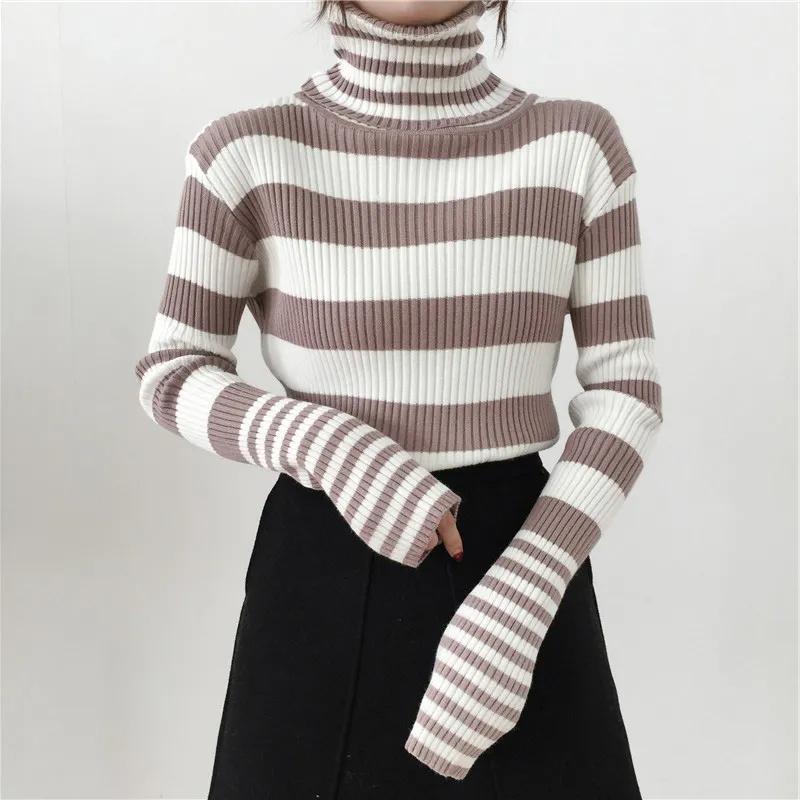 Sweater Women's Turtleneck Knitwear Black and White Striped Pullover Korean Slim Top Trendy Sweater Autumn and Winter Fashion
