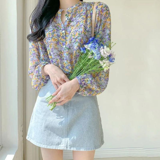 Women Chiffon Floral Blouse Printed Western Style Fashion Temperament Shirt Long Sleeve Tops