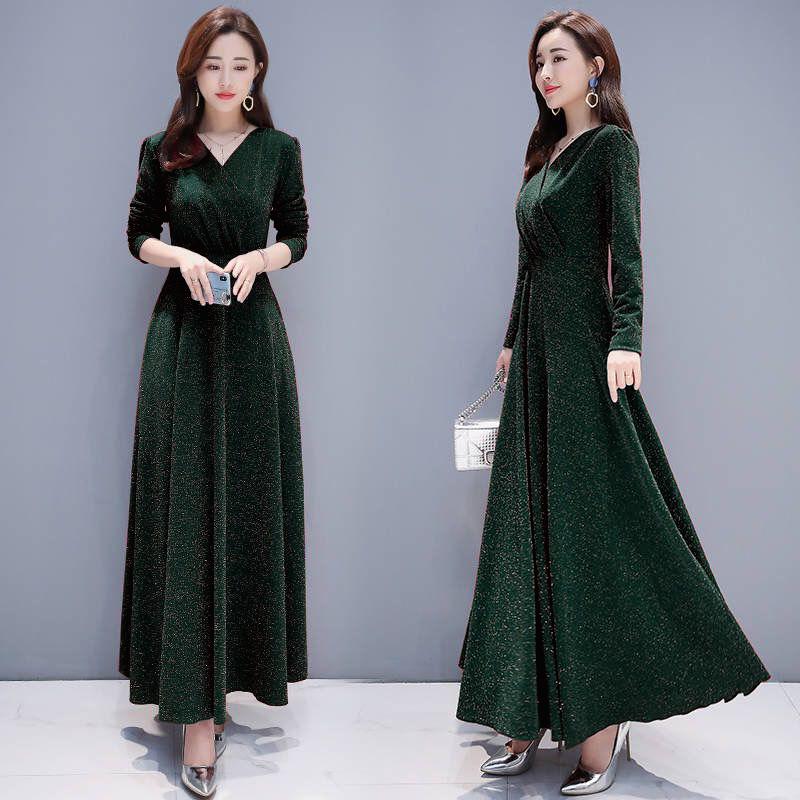 Women Elegant Bright Silk  Dress V-Neck Female Casual Solid Long Sleeve Pleated Vintage Dress