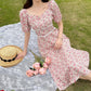 Women's Summer Mid-length Skirt Square Neck Sweet Floral Dress