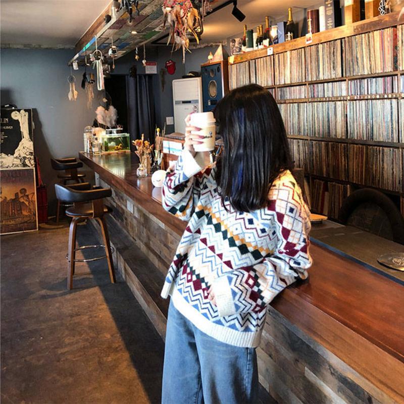 Winter College Wild Sweater O- Neck Loose Printed Harajuku Style Knitted Pullover Sweater Women