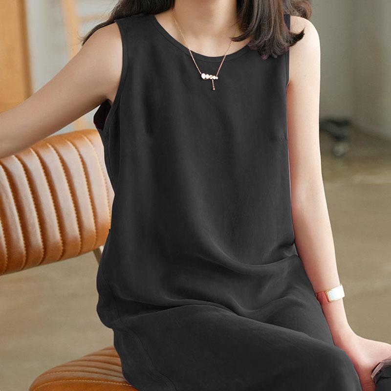 Women's Short Sleeve Dress Summer Loose Large Size Mid Length Round Neck Solid Color Skirt
