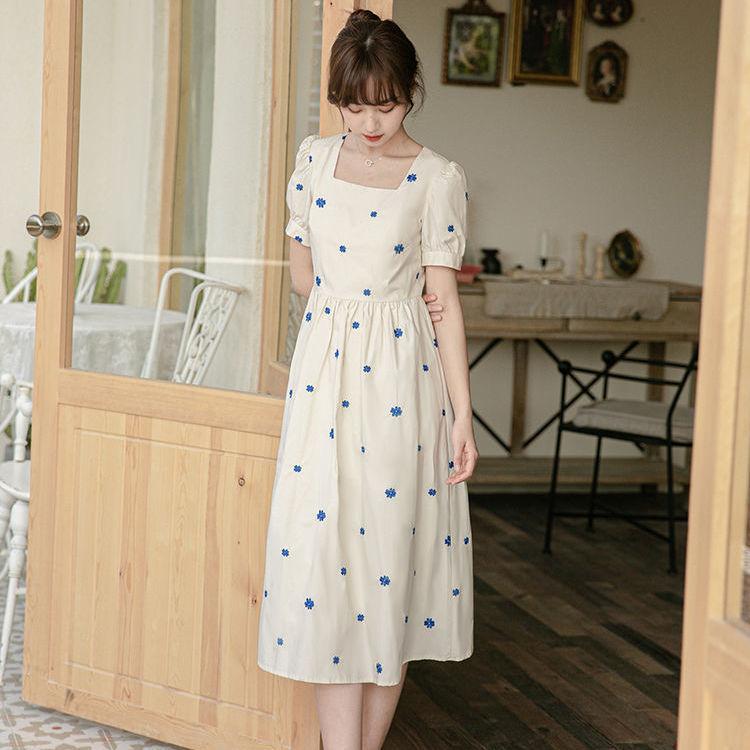 Female Summer Vintage Floral Print Square Neck High Waist Dress Slim Elegant Holiday A-line Dress