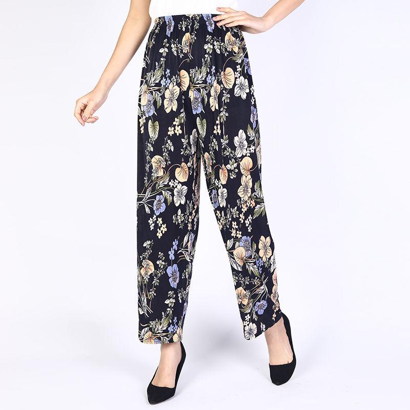 Women's Outer Wear Summer Thin Pants Middle-aged and Elderly Wide-leg Pants Mother Casual Pants Ice Silk Pants