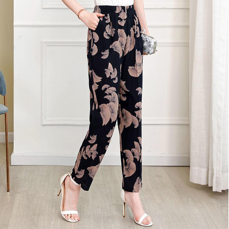 Cotton Linen Women's Trousers Flower Pants Plus Size Elastic Waist Straight-leg Pants Printed Fashion Casual Pants Summer