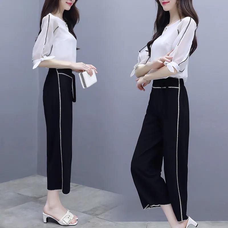 Women's Wide-leg Pants Two-piece Suit Black and White Suit Elegant Temperament Female Professional Suit, Working Lady Suit Two-piece Suit