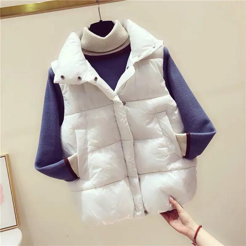 Autumn and Winter Women's Vest Short Down  Korean Patent Leather Bright Top Solid Color Sleeveless Jacket