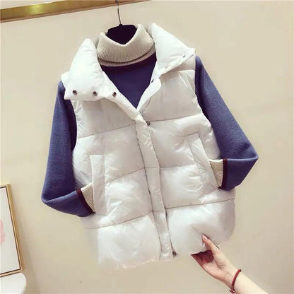 Autumn and Winter Women's Vest Short Down  Korean Patent Leather Bright Top Solid Color Sleeveless Jacket