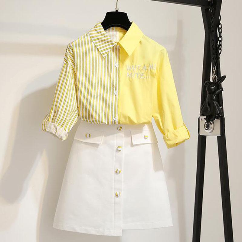 Pofulove Women Summer Shirt 2-piece Set long sleeve striped shirt Asymmetrical Skirt 2 piece Sets