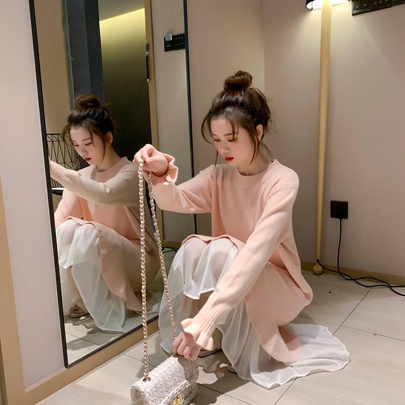 Pofulove 5 Colors Women Chic Sweater Dress Long Section O-neck Chiffon Lace Knitted Skirt Pullover