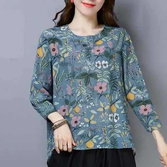 Spring and Autumn Round Neck Long-sleeved T-shirt Women's Floral Loose Top Mother's Clothing