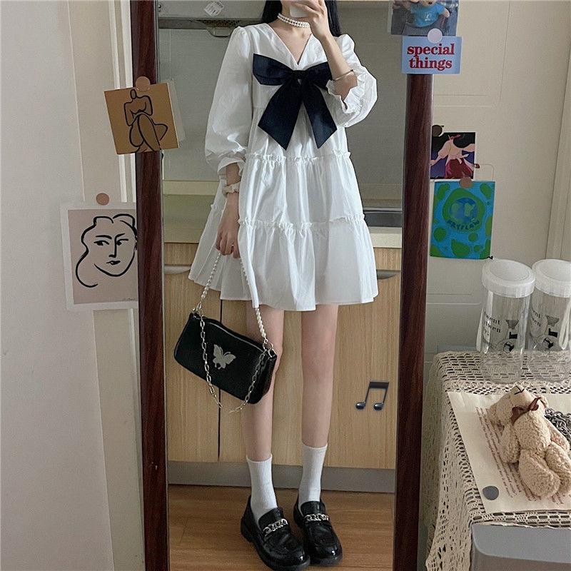 Girl Student Knee-length Solid Color Dress Sailor Collar Navy Dress Sweet Bow-knot