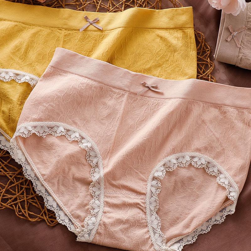 Women's Panties Lace Large Size Abdominal Hip Raise Student Mid-waist Pure Cotton Crotch Ladies Briefs