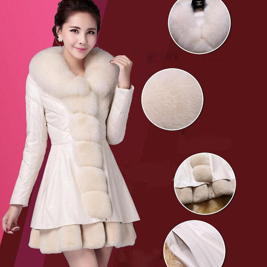 Women's Faux Fur Coat Winter Ladies Parka Large Size Thicker Warm Mid-length PU Leather Coat with faux Fox Fur Collar