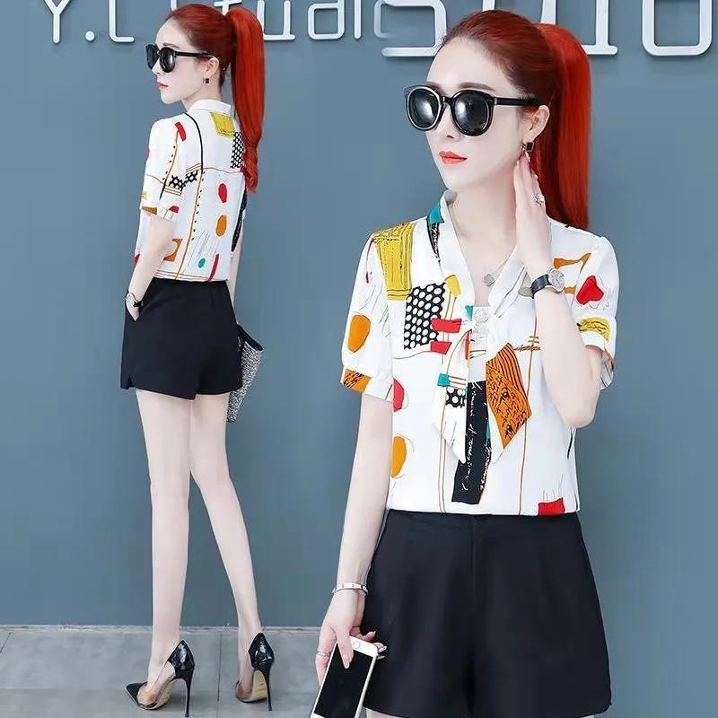 Short-sleeved Chiffon Shirt Ladies Temperament Shirt Summer Top Women's Small Shirt V-neck Neckline Tie Bowknot Fabric Light and Breathable