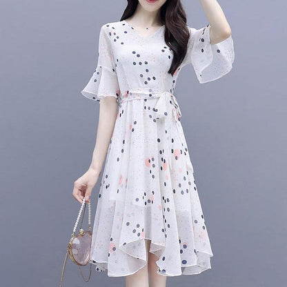 Women Summer Elegant Dress Vintage High Waist Fairy Casual Thin Dress Slim Vintage Dot Print V-neck Pleated Dress