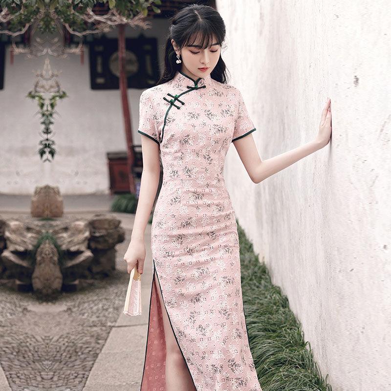 Elegant Dress Retro Chinese Style Cheongsam Summer Short-sleeved Chinese Style Retro Improved Long Daily Dress Slim Sexy