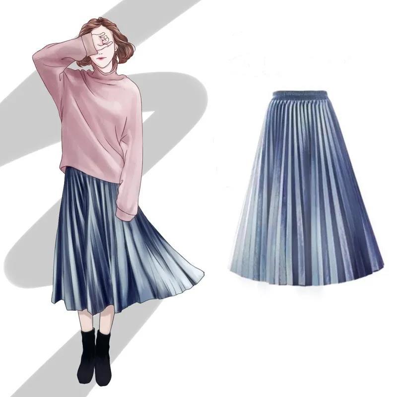 Gold Velvet Pleated Skirt Skirt New Large Size Velvet Long Skirt High Waist Mid-length Skirt Ladies A-line Skirt