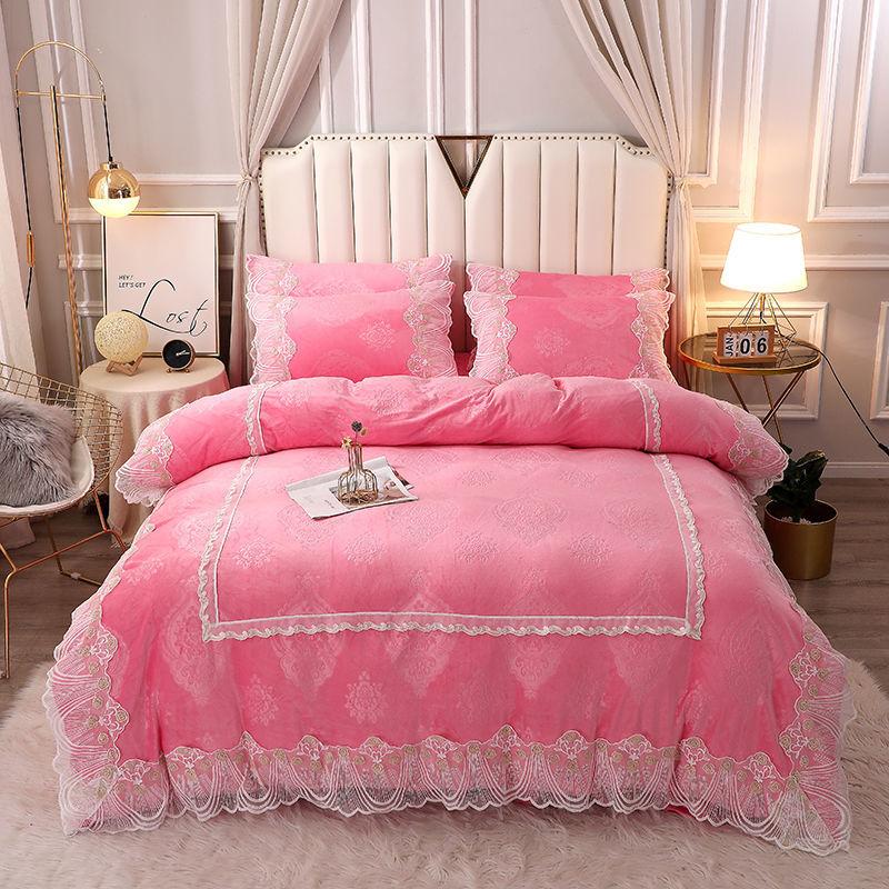 4pcs/set Winter High-end Bedding Coral Fleece Bed Skirt Double-sided Thickening Warm Flannel Duvet Cover