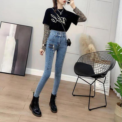 High-waisted Jeans Girls Spring and Autumn Thin Skinny Feet Pants Stretch All-match Pencil Nine-point Pants