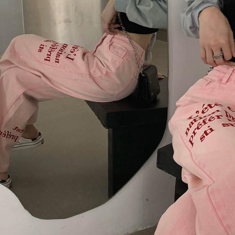 Pink Letters Embroidery Jeans Large Size High Waist Loose Straight Casual Long Pants