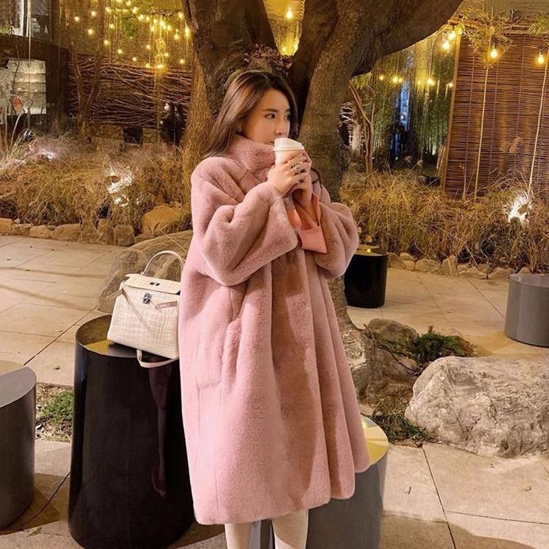 New Autumn and Winter Artificial Mink Fur Loose Coat Ladies Lamb Fur Coat Mid-length Warm and Cold-proof Plus Velvet Coat Plus Size Women's Clothing