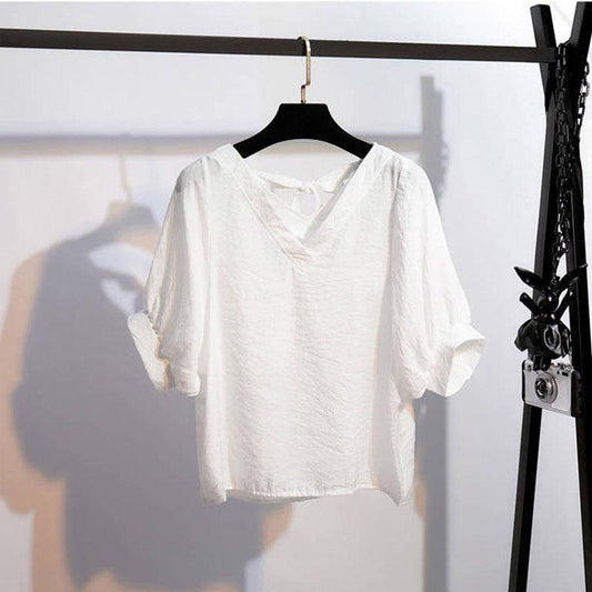 Women's Super Fairy Sweet Wind V-neck Open Back Chiffon Shirt Loose and Thin Belly Covering Top