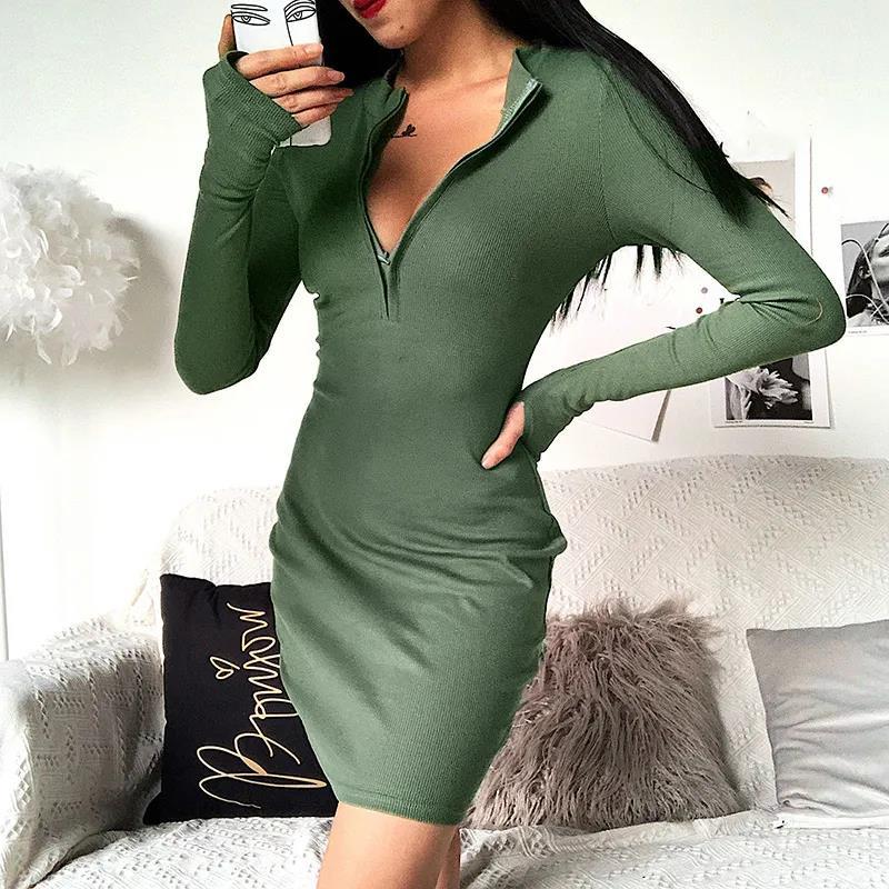 Women Sexy Knitted Tight-fitting Dress Solid Color Long Sleeve Zipper Closure Thread High Elasticity Dress