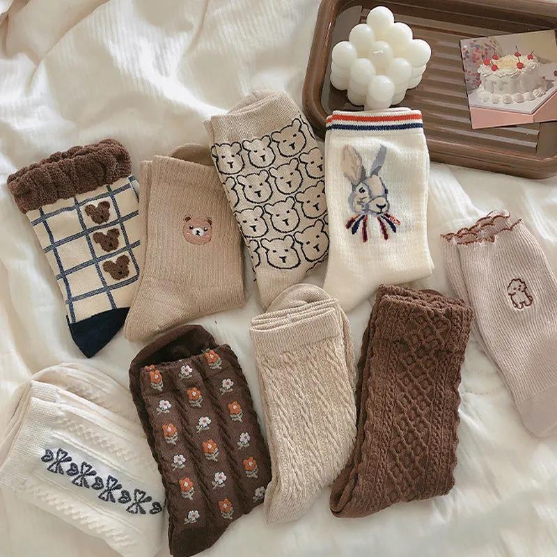 Three Pairs of Women's Socks Fashion Print Cartoon Pattern Socks Winter Thick Warm Pile Pile Socks