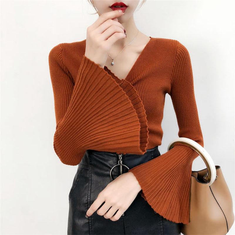 2021 Early Autumn Sweater Women's V-neck Drawstring Long-sleeved Pleated Flared Sleeve Sweater Top Bottoming