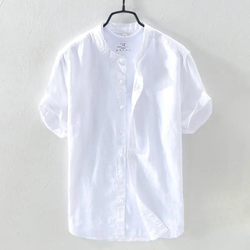 Linen Shirt Men's Short-sleeved Stand-up Collar Summer Thin Loose Cotton and Linen White Shirt Men's Small Fresh Casual Shirt Men