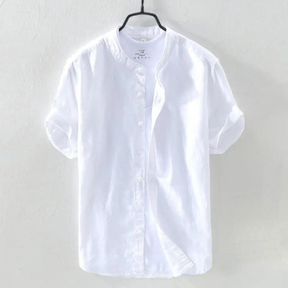 Linen Shirt Men's Short-sleeved Stand-up Collar Summer Thin Loose Cotton and Linen White Shirt Men's Small Fresh Casual Shirt Men