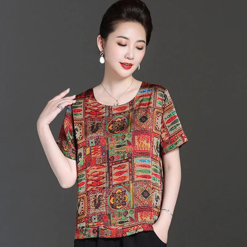 Summer New Middle-aged Mothers Wear Short-sleeved Ice Silk T-shirt Female Printing Ethnic Style Large Size Bottoming Shirt Top