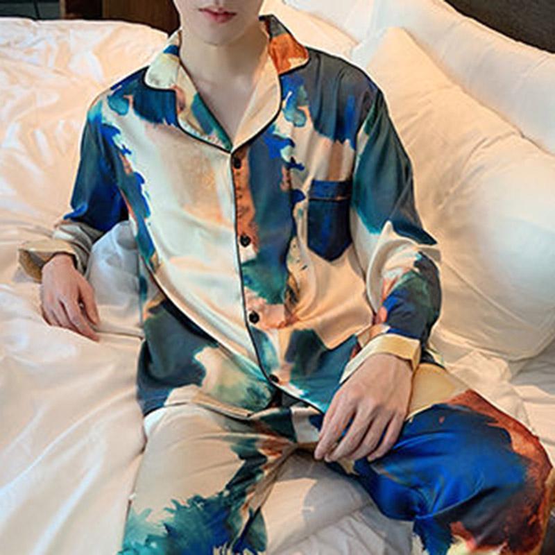 Pajamas Men's Spring and Summer Ice Silk Thin Long-sleeved Suits Spring and Autumn Silk Men's Simulation Silk Summer Home Clothes