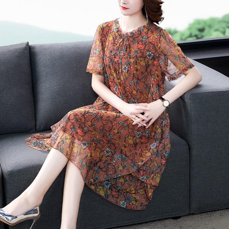 Chiffon Floral  Dress L-XXXXXL Women's Summer Veil Short Sleeve Round Neck Lightweight and Breathable