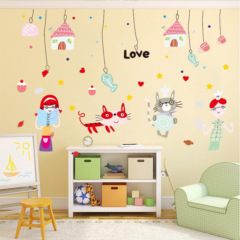 [Wall sticker ]Cartoon Cat Fish Bone Wall Stickers For Kids Rooms Nursery Bathroom Tile Home Decorat