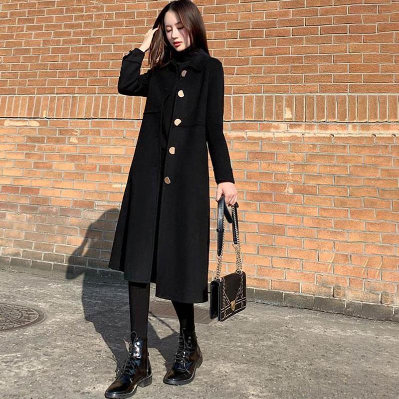 Autumn and Winter Large Size Black Woolen Coat Women's Long Over-the-knee Woolen Coat Loose Thick Coat