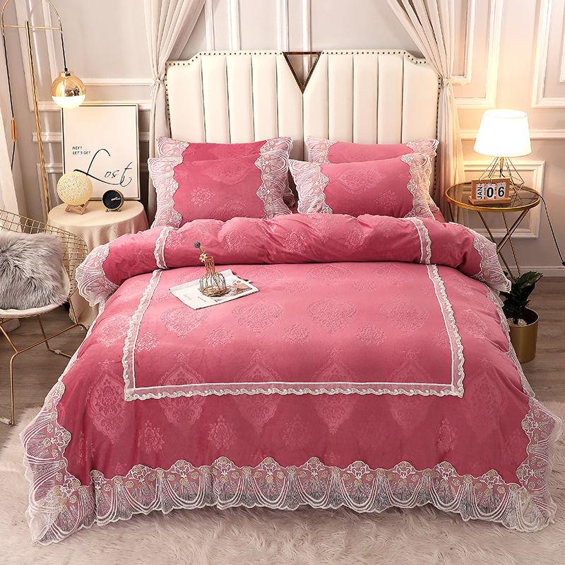 4pcs/set Winter High-end Bedding Coral Fleece Bed Skirt Double-sided Thickening Warm Flannel Duvet Cover