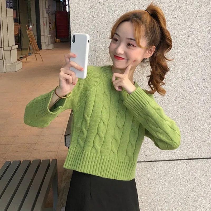 Sweater Women's Pullover Short Twist Knitwear Pure Color Korean Ladies Style Loose Top Trendy Sweater High Waist Jumper Fall