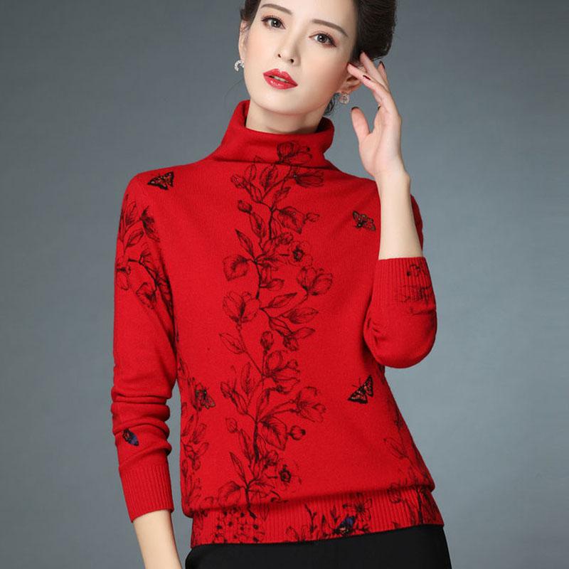 Vintage Pile Collar Turtleneck Sweater Women Short Print Knitted Sweater Bottoming Coat Autumn and Winter Pullover Sweater