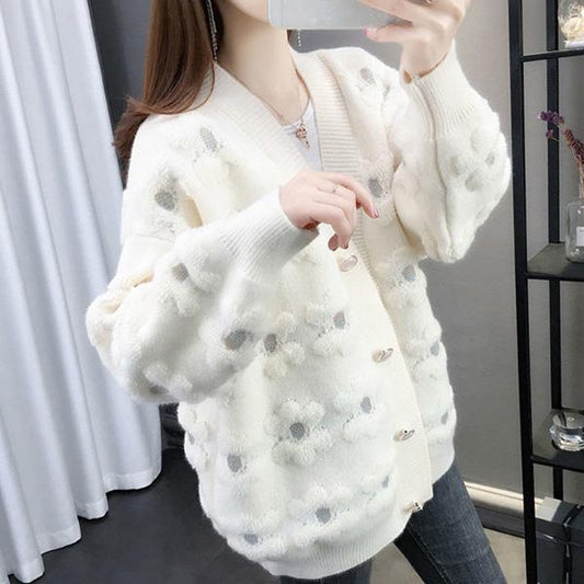Mid-length Autumn and Winter Top Loose Casual Knit Cardigan Long-sleeved V-neck Sweater