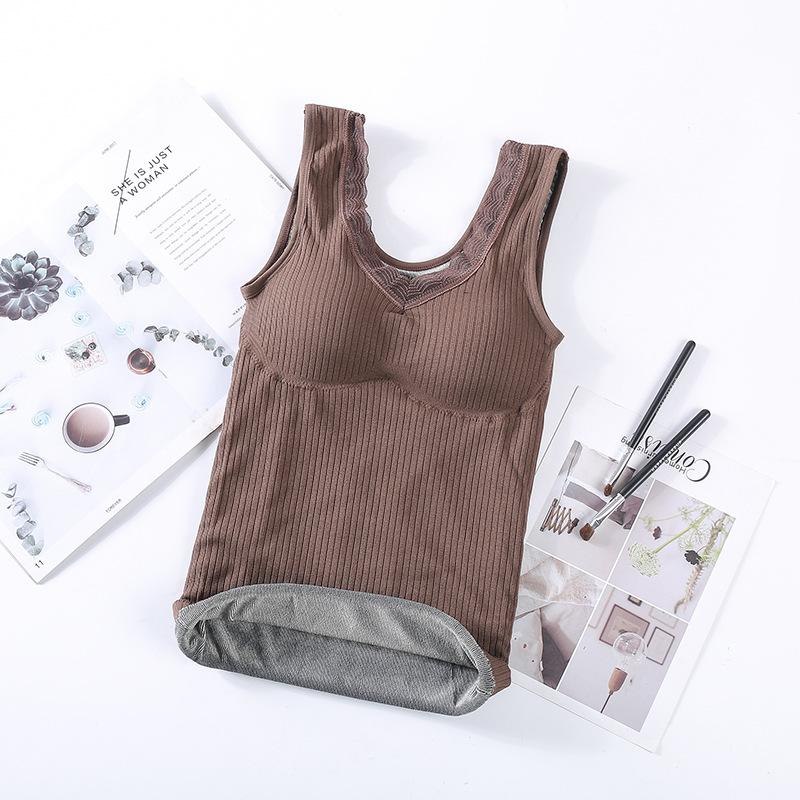 Sexy Winter Clothing Thermal Vest with Pad Women Velvet Warm Thermal Underwear Sleeveless Slim Seamless V Neck Lace Undershirt