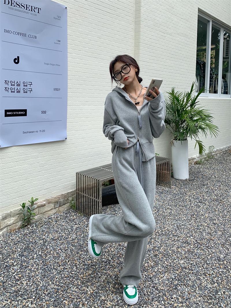 Double Zip Hooded Sweater Outer Sportswear Spring Loose Solid Color Casual Trousers Drawstring Sweatpants